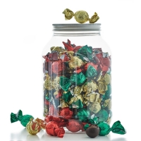 Cylinder med alulåg 1,2kg mix af fyldte chokoladekugler i rød, grøn og guld